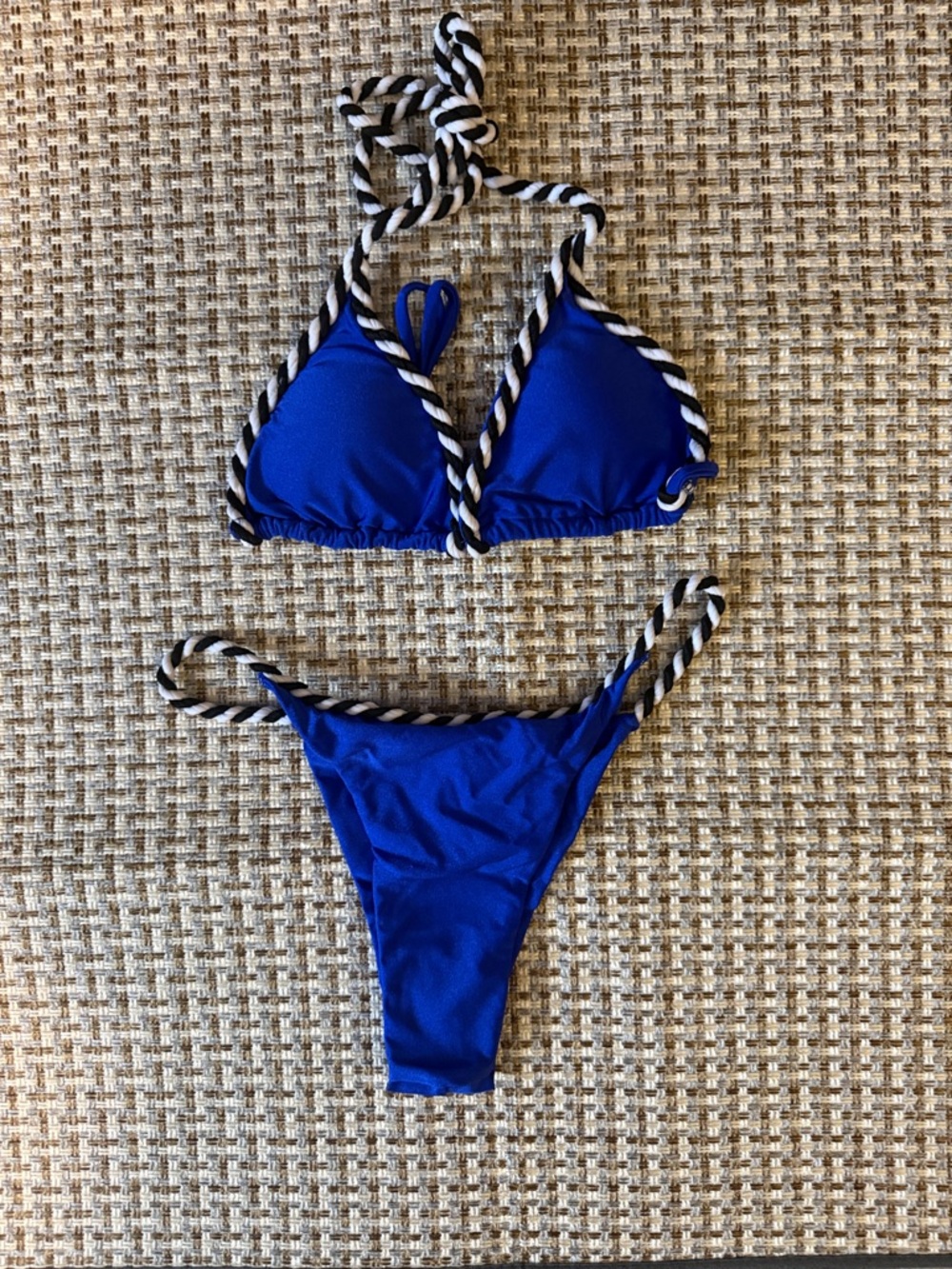 Blue Triangle Bikini with Black-and-White Rope Trim